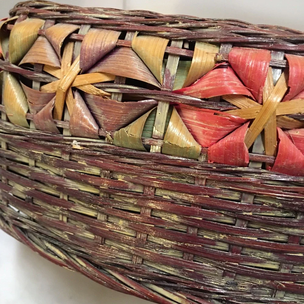 Woven Splint Basket OS Brown Pink Flower Pattern Square Basket Cottagecore